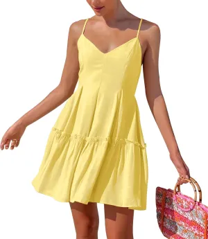 FANCYINN Women's Summer V Neck Casual Swing Short Dress Spaghetti Strap Tiered Backless Dresses with Pockets