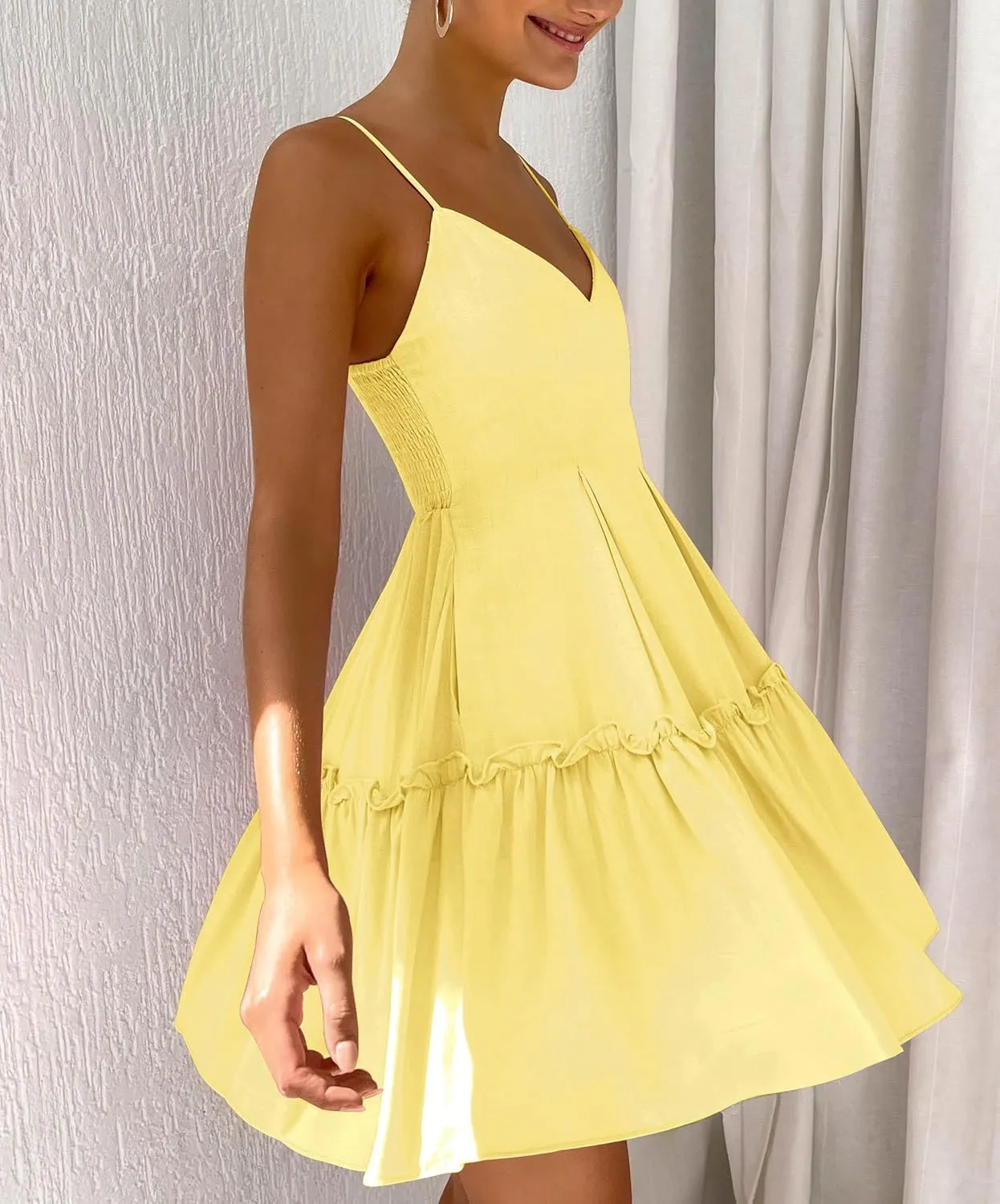FANCYINN Women's Summer V Neck Casual Swing Short Dress Spaghetti Strap Tiered Backless Dresses with Pockets