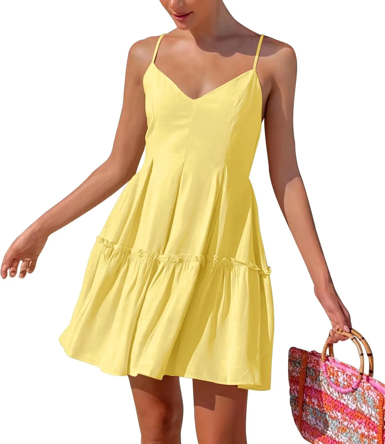 FANCYINN Women's Summer V Neck Casual Swing Short Dress Spaghetti Strap Tiered Backless Dresses with Pockets