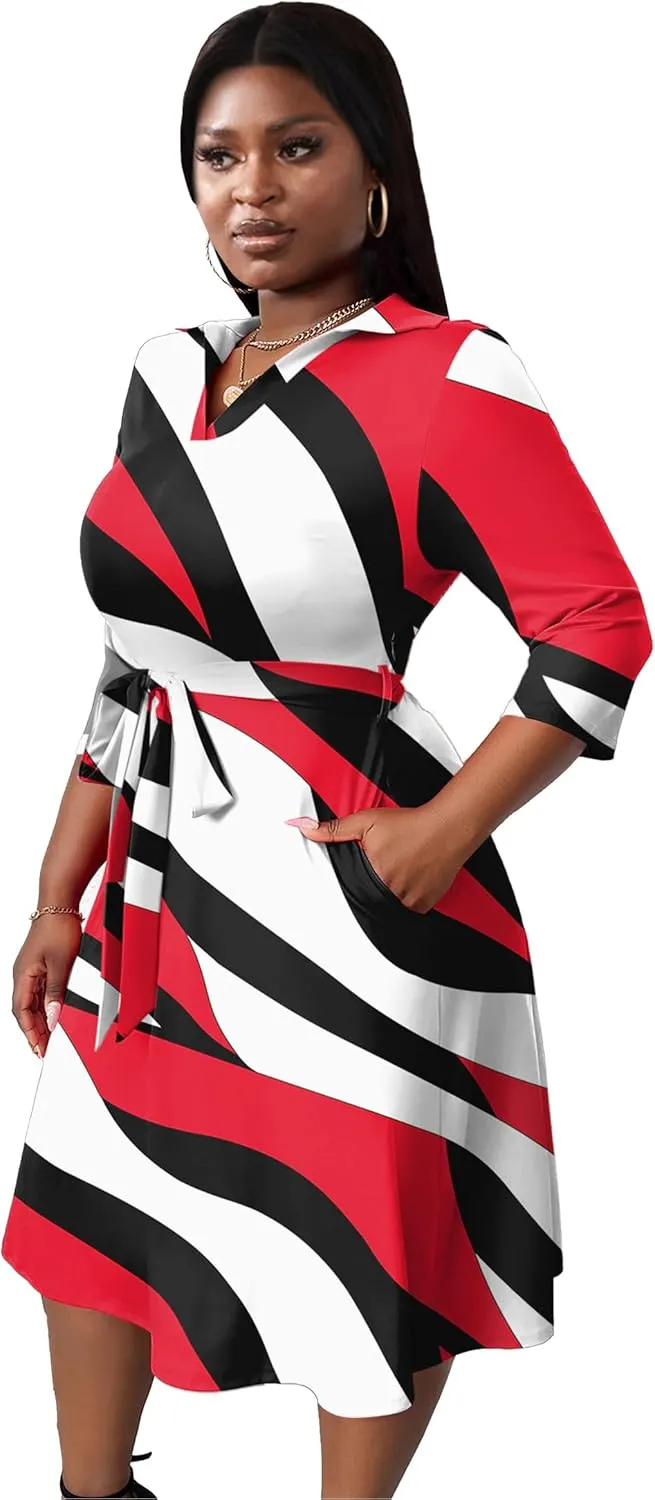 FANDEE Plus Size Midi Dress for Women - Printing Summer Dresses for Wedding Guest Cocktail Party 3/4 Sleeve V NeckXL-5XL