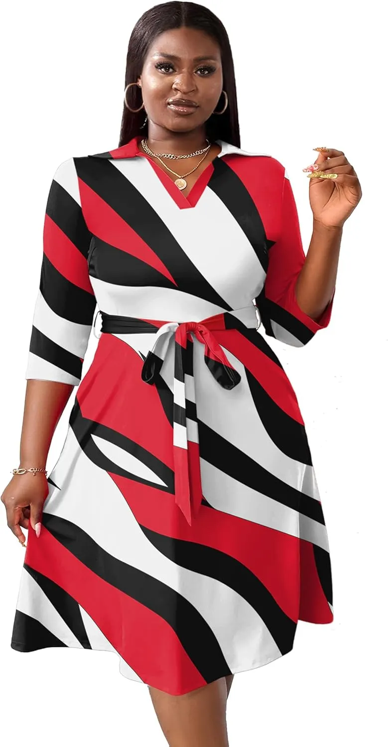 FANDEE Plus Size Midi Dress for Women - Printing Summer Dresses for Wedding Guest Cocktail Party 3/4 Sleeve V NeckXL-5XL