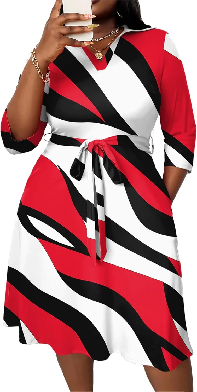 FANDEE Plus Size Midi Dress for Women - Printing Summer Dresses for Wedding Guest Cocktail Party 3/4 Sleeve V NeckXL-5XL