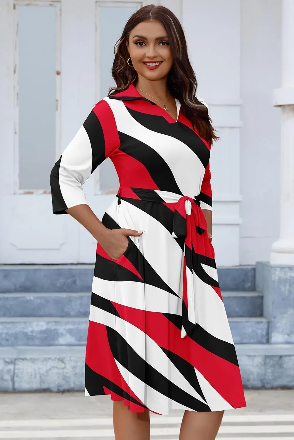 FANDEE Plus Size Midi Dress for Women - Printing Summer Dresses for Wedding Guest Cocktail Party 3/4 Sleeve V NeckXL-5XL