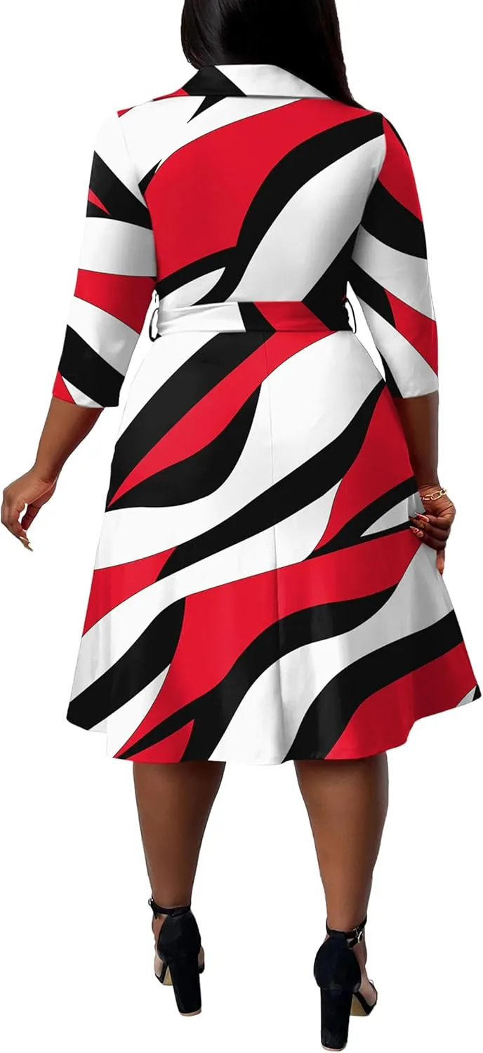 FANDEE Plus Size Midi Dress for Women - Printing Summer Dresses for Wedding Guest Cocktail Party 3/4 Sleeve V NeckXL-5XL