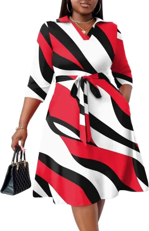 FANDEE Plus Size Midi Dress for Women - Printing Summer Dresses for Wedding Guest Cocktail Party 3/4 Sleeve V NeckXL-5XL