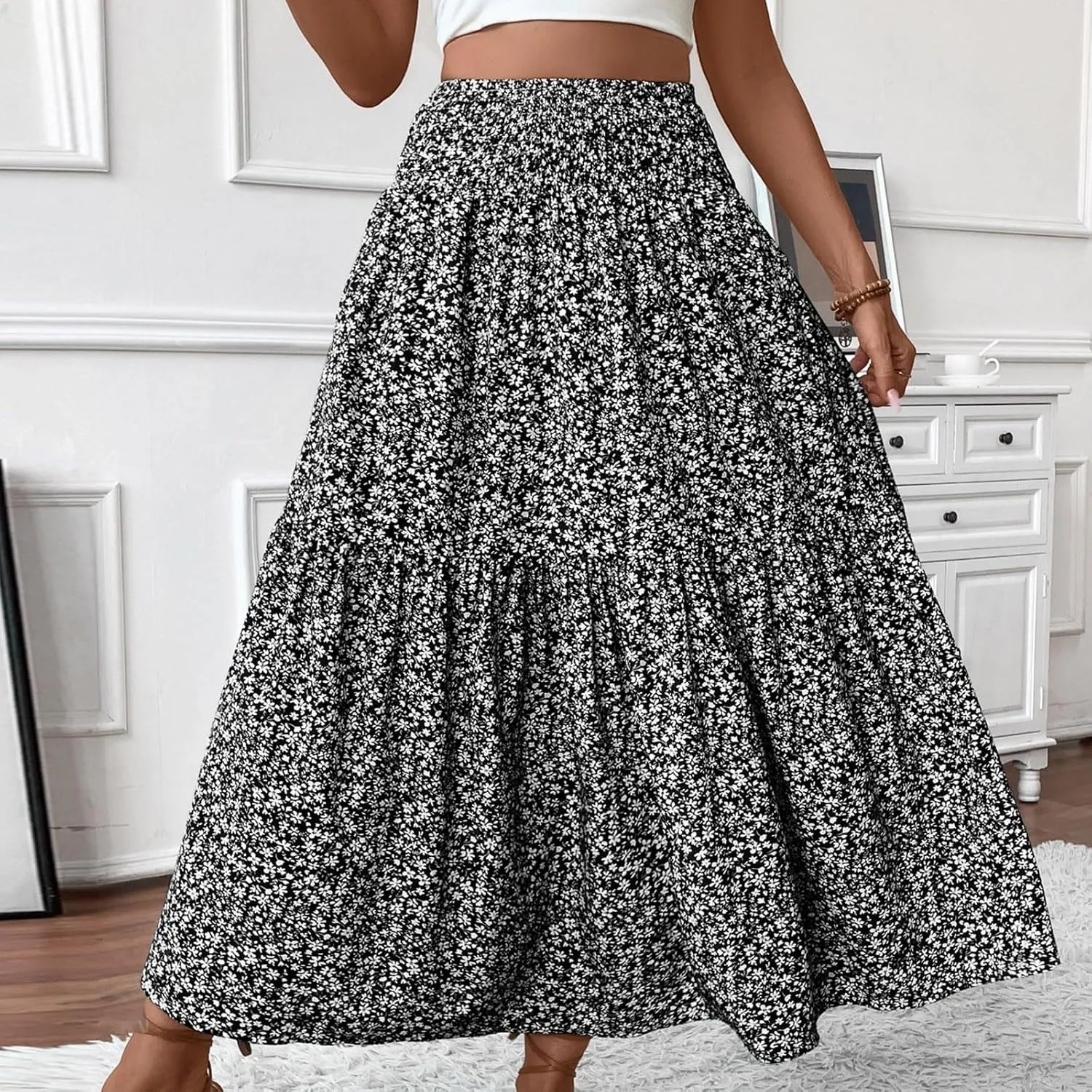 fanmpghleoo Long Skirts for Women Boho Beach Vacation Tiered Maxi Skirt Summer Bohemian High Waisted Skirts A Line Midi Skirt