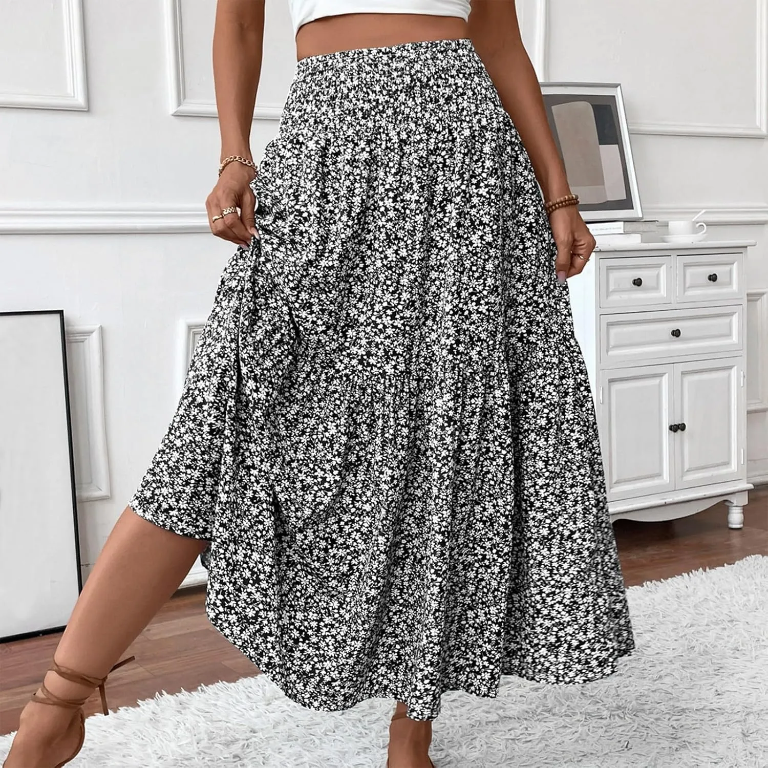 fanmpghleoo Long Skirts for Women Boho Beach Vacation Tiered Maxi Skirt Summer Bohemian High Waisted Skirts A Line Midi Skirt