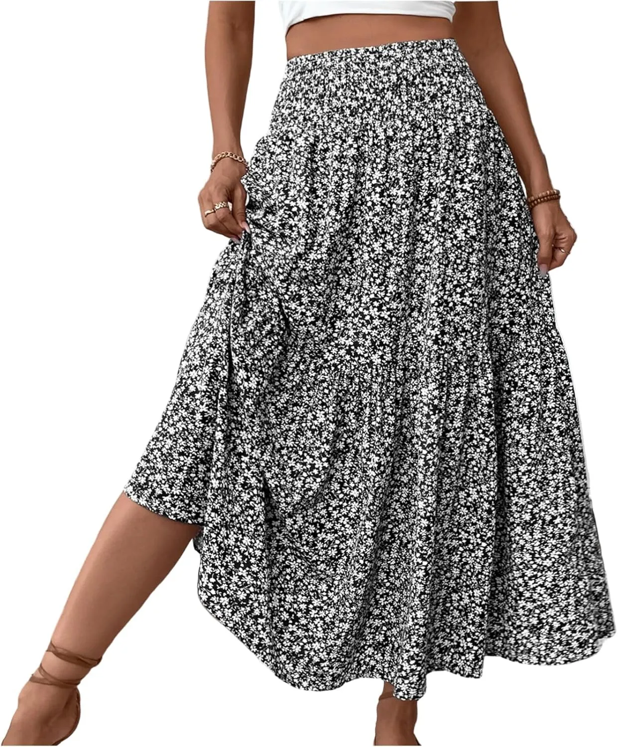 fanmpghleoo Long Skirts for Women Boho Beach Vacation Tiered Maxi Skirt Summer Bohemian High Waisted Skirts A Line Midi Skirt