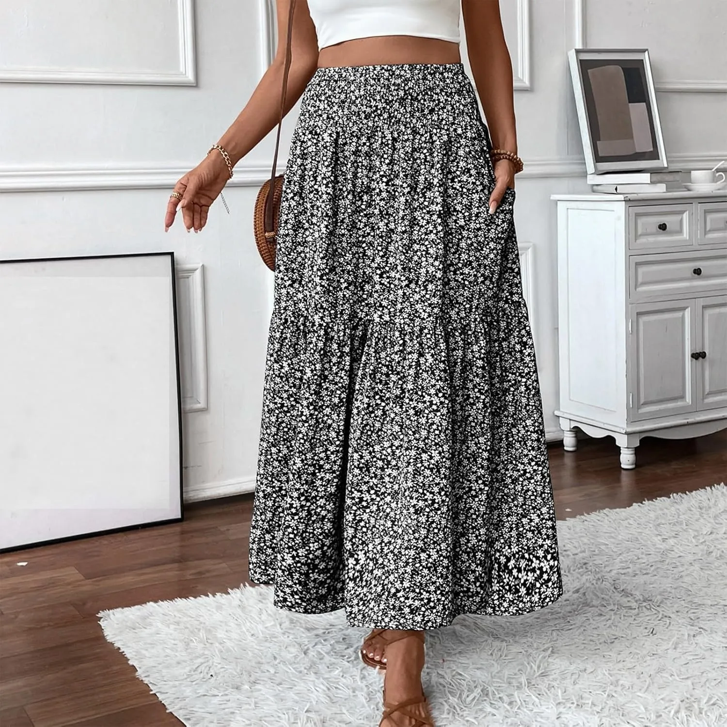 fanmpghleoo Long Skirts for Women Boho Beach Vacation Tiered Maxi Skirt Summer Bohemian High Waisted Skirts A Line Midi Skirt