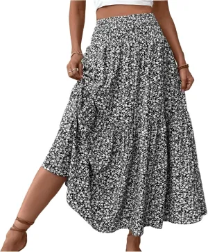 fanmpghleoo Long Skirts for Women Boho Beach Vacation Tiered Maxi Skirt Summer Bohemian High Waisted Skirts A Line Midi Skirt