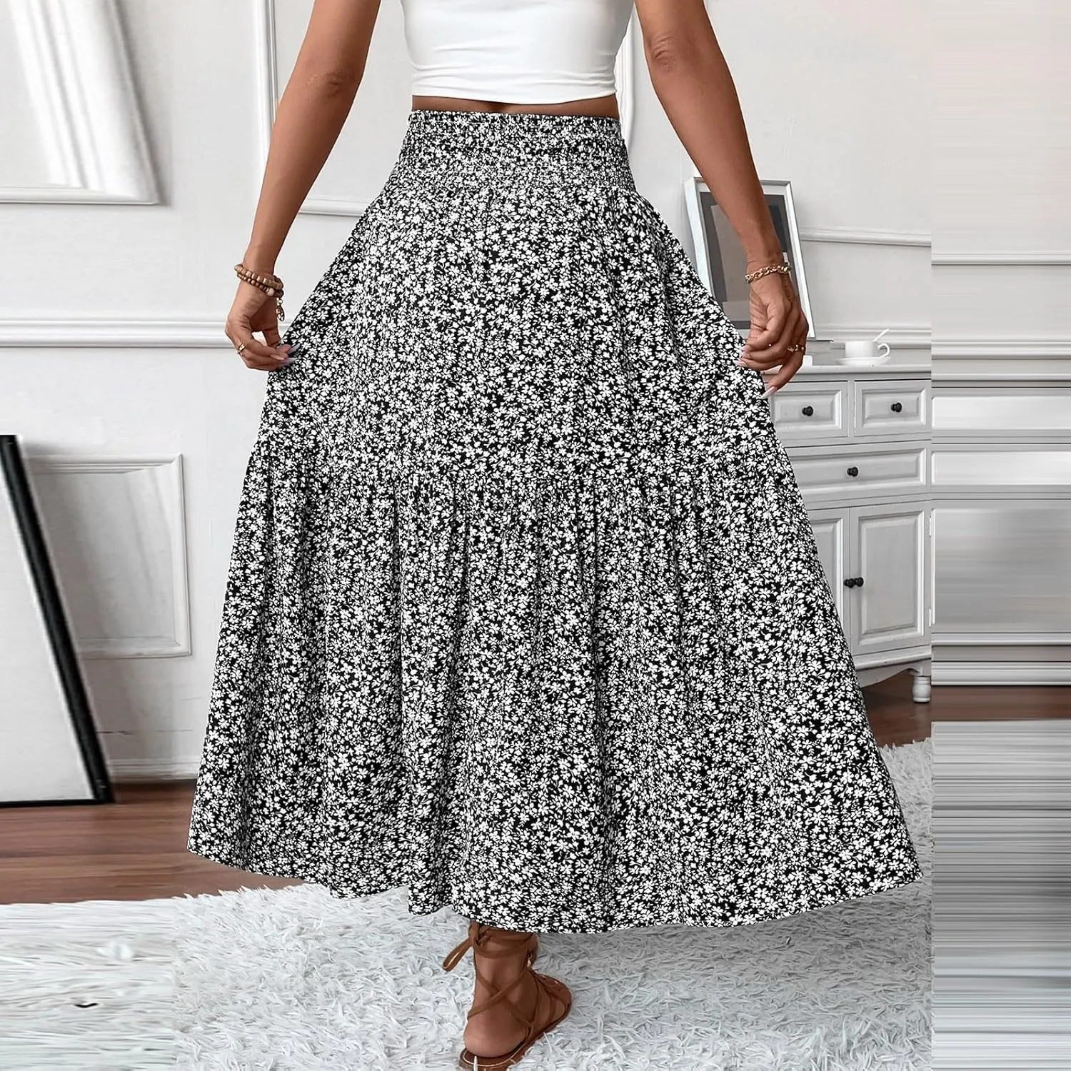 fanmpghleoo Long Skirts for Women Boho Beach Vacation Tiered Maxi Skirt Summer Bohemian High Waisted Skirts A Line Midi Skirt
