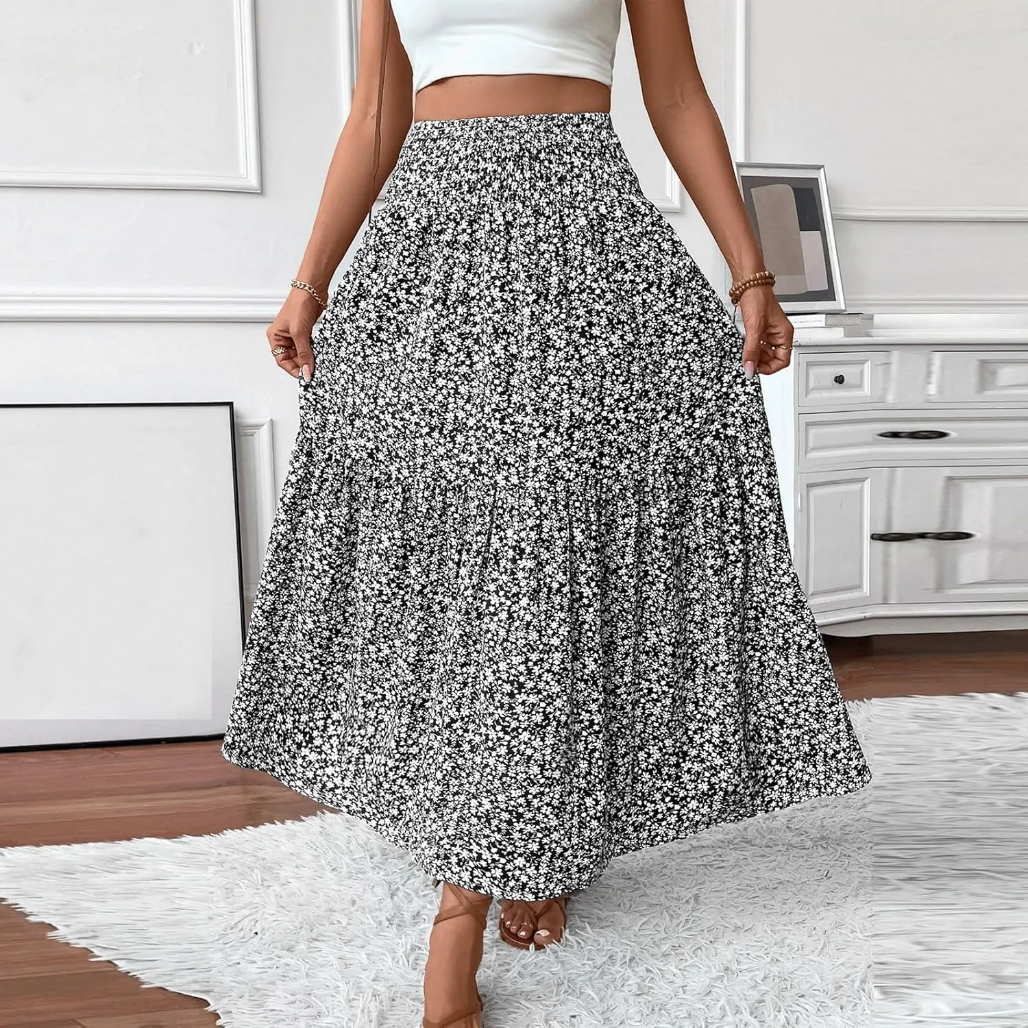 fanmpghleoo Long Skirts for Women Boho Beach Vacation Tiered Maxi Skirt Summer Bohemian High Waisted Skirts A Line Midi Skirt