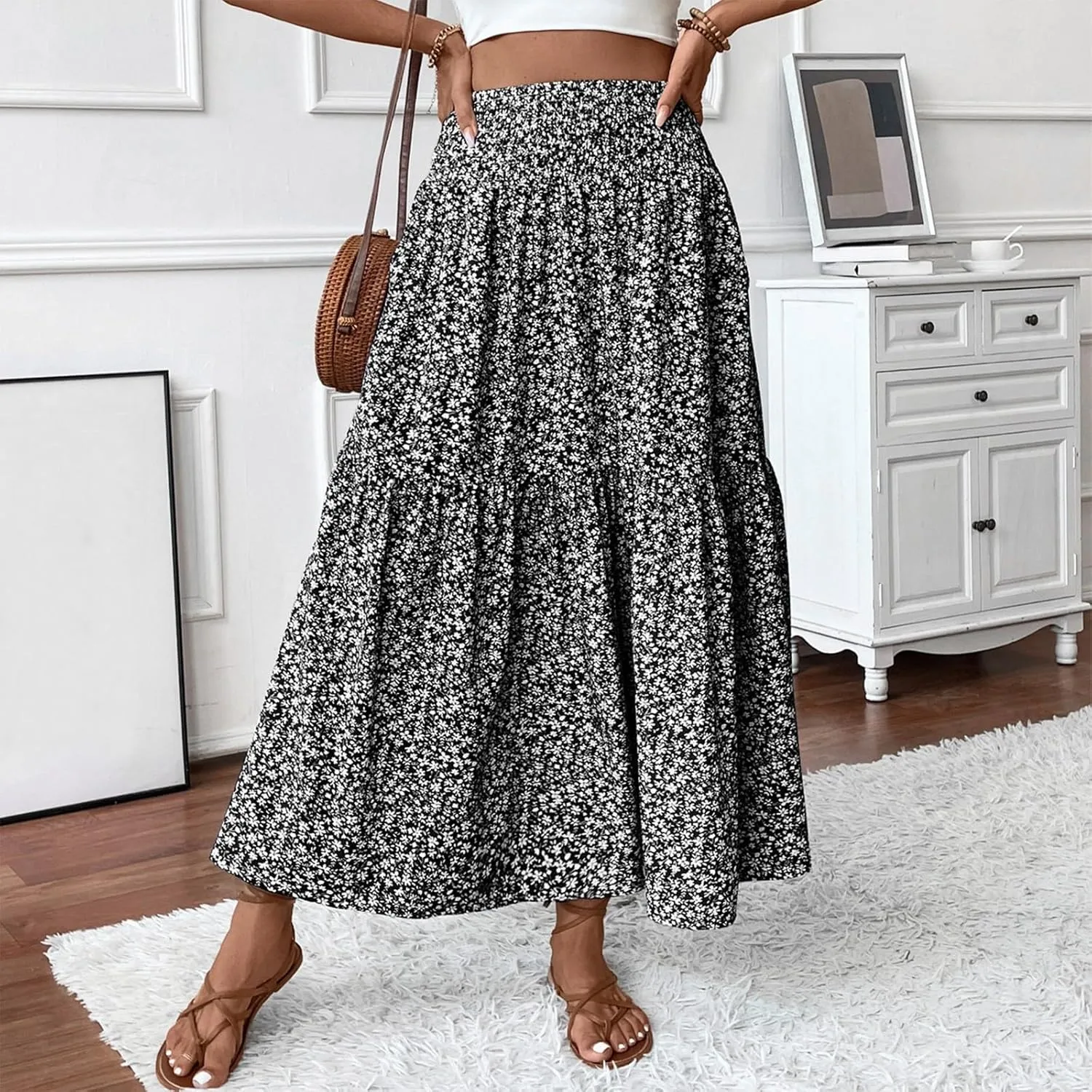 fanmpghleoo Long Skirts for Women Boho Beach Vacation Tiered Maxi Skirt Summer Bohemian High Waisted Skirts A Line Midi Skirt