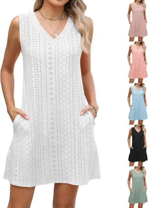 fanmpghleoo Summer Dresses for Women 2025 Strapless Shift Eyelet Dress Swim Bathing Suits Cover Up House Dresses with Pockets