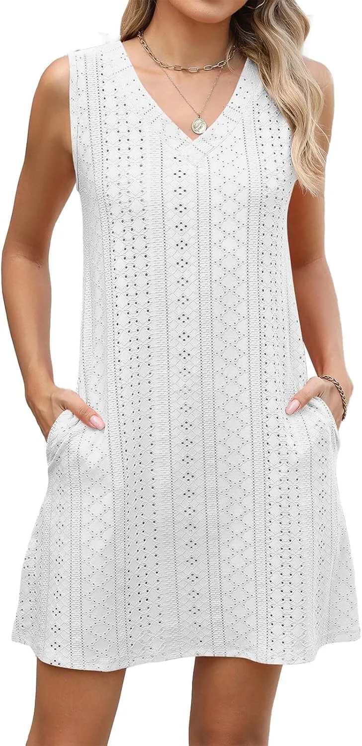 fanmpghleoo Summer Dresses for Women 2025 Strapless Shift Eyelet Dress Swim Bathing Suits Cover Up House Dresses with Pockets