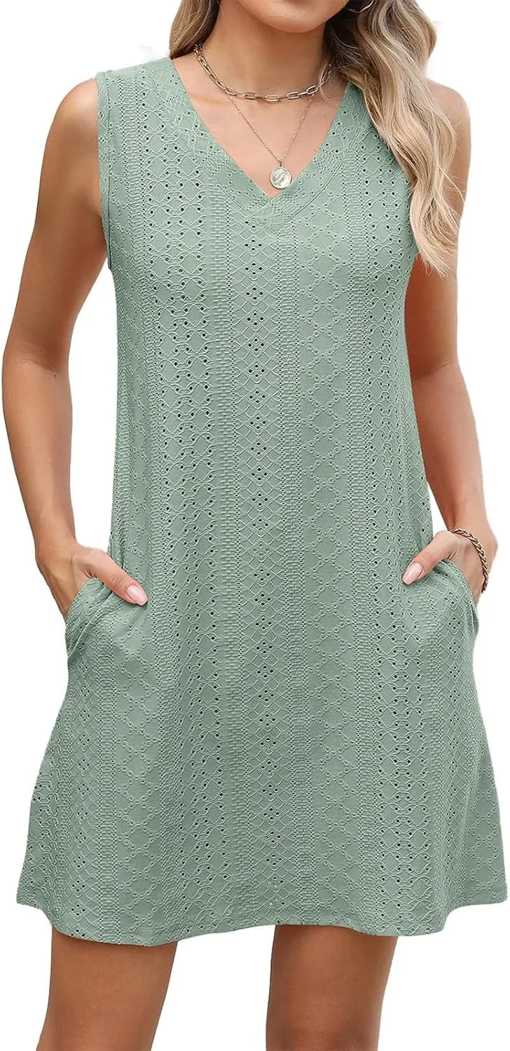 fanmpghleoo Summer Dresses for Women 2025 Strapless Shift Eyelet Dress Swim Bathing Suits Cover Up House Dresses with Pockets
