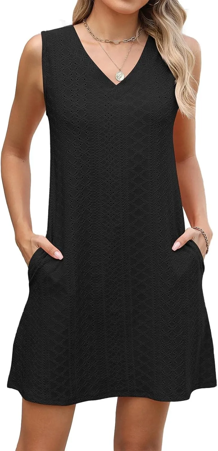 fanmpghleoo Summer Dresses for Women 2025 Strapless Shift Eyelet Dress Swim Bathing Suits Cover Up House Dresses with Pockets