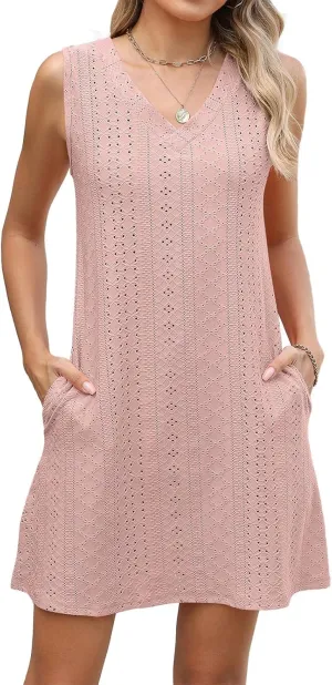fanmpghleoo Summer Dresses for Women 2025 Strapless Shift Eyelet Dress Swim Bathing Suits Cover Up House Dresses with Pockets