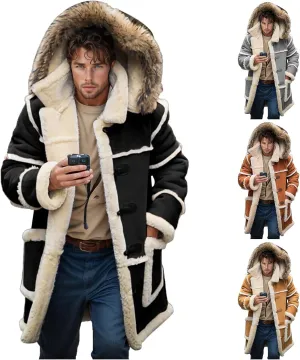 Faux Leather Jacket Men Thick Faux Fur Coat Thermal Winter Jackets Oversized Hooded Outerwear Mid Length Trench Coat