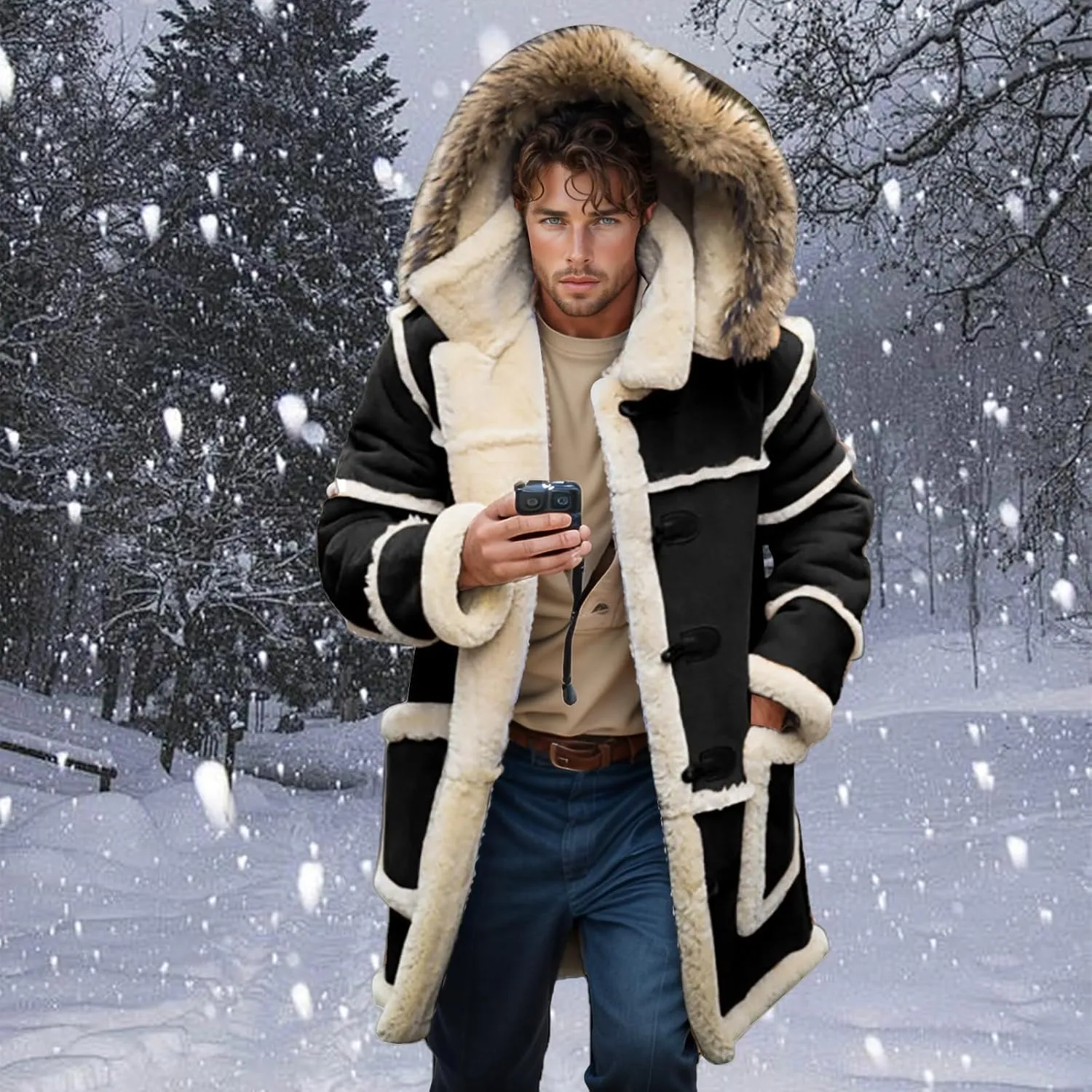 Faux Leather Jacket Men Thick Faux Fur Coat Thermal Winter Jackets Oversized Hooded Outerwear Mid Length Trench Coat