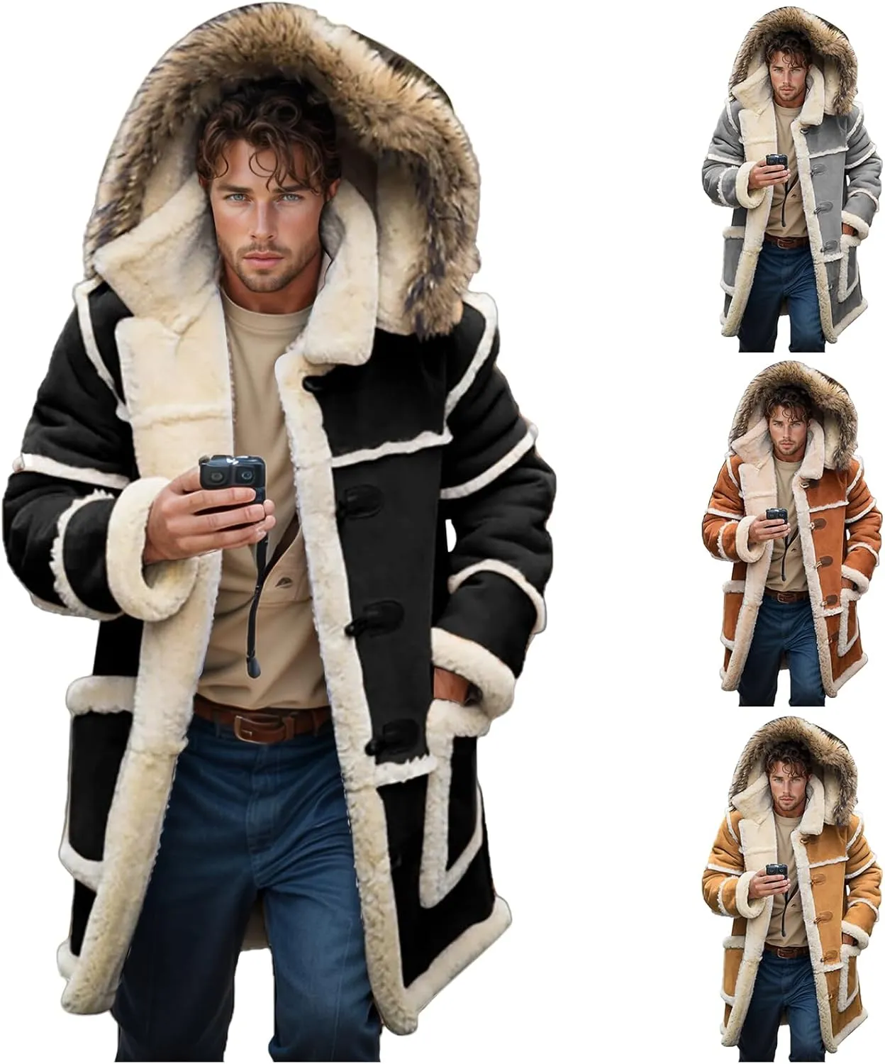 Faux Leather Jacket Men Thick Faux Fur Coat Thermal Winter Jackets Oversized Hooded Outerwear Mid Length Trench Coat