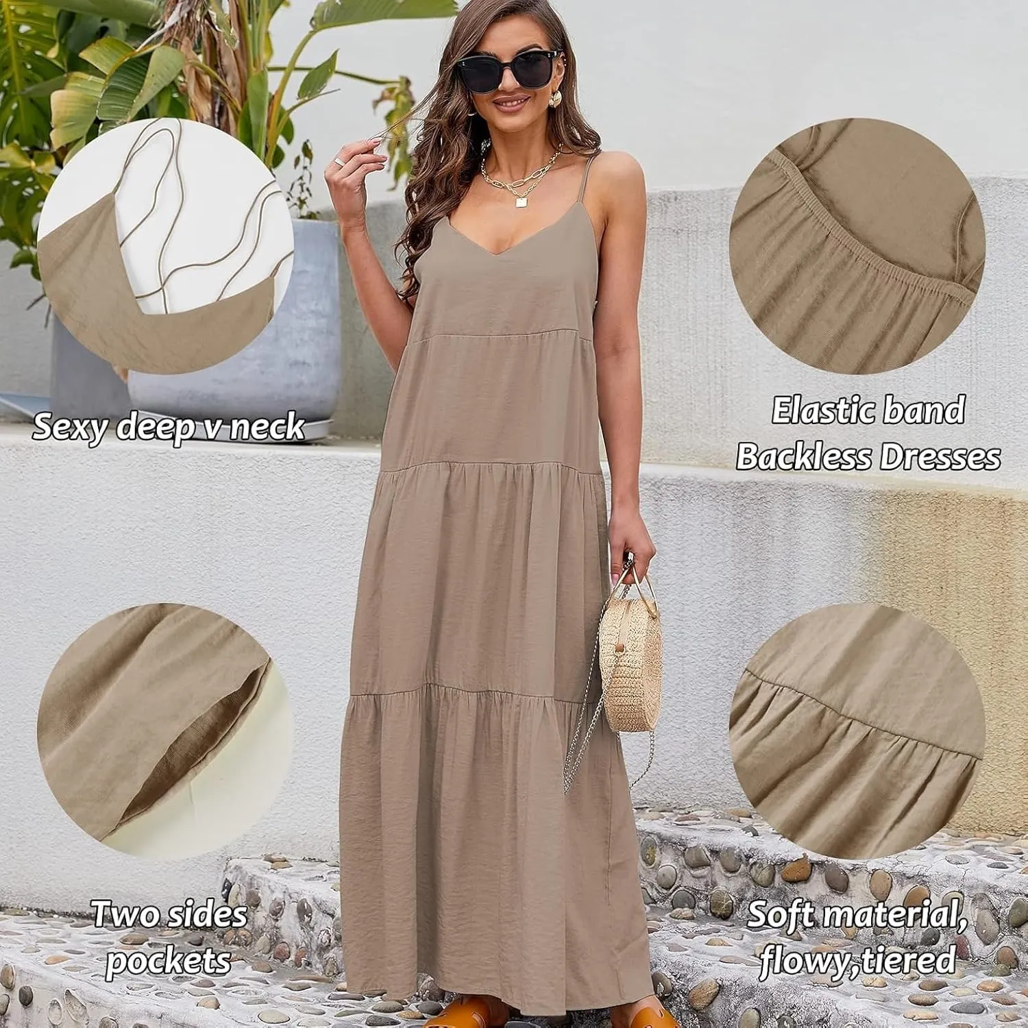 Febriajuce Womens Summer Maxi Dress Casaul Spaghetti Straps Solid V-Neck Backless Cami Dresses with Two Pockets