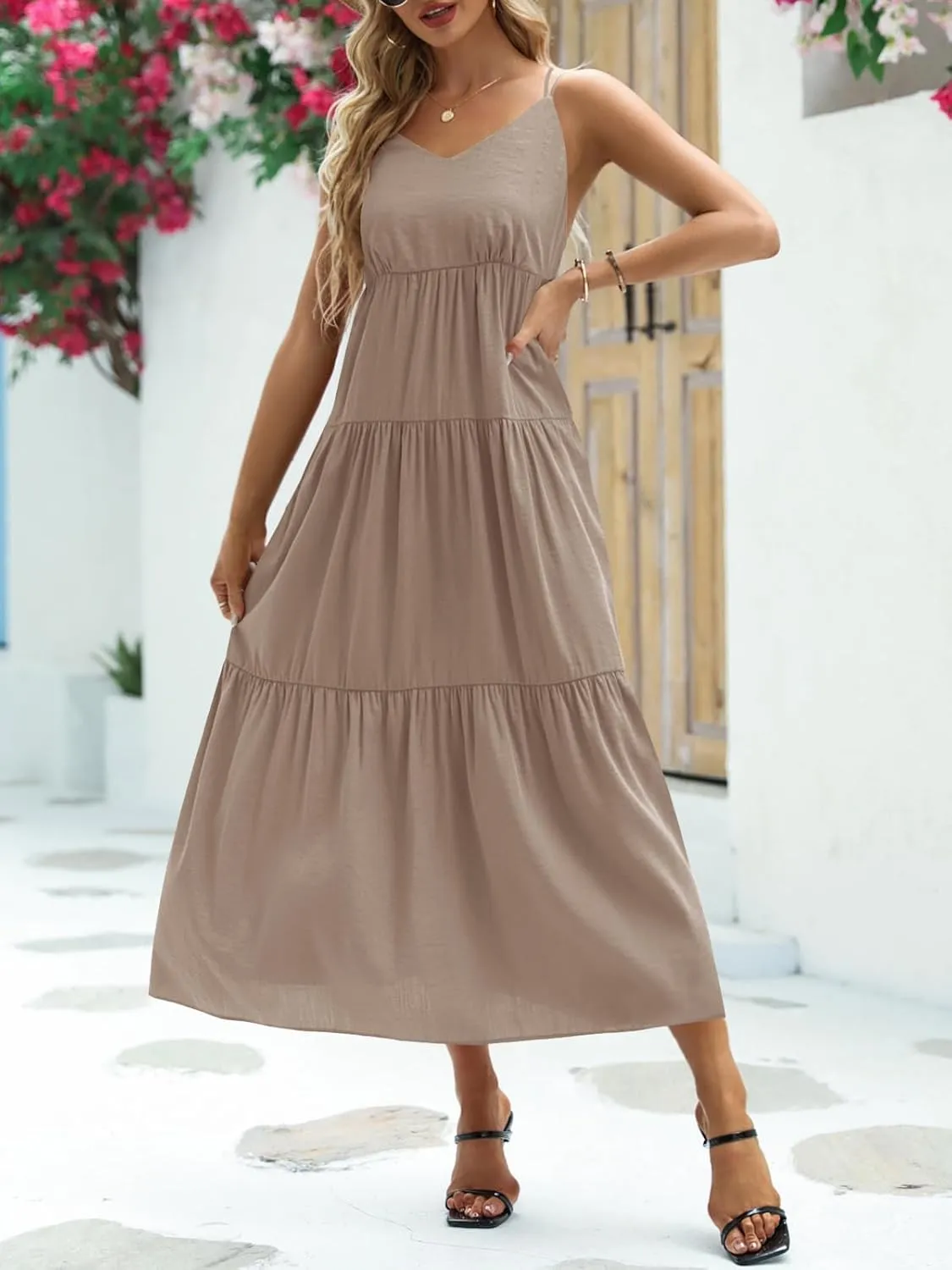 Febriajuce Womens Summer Maxi Dress Casaul Spaghetti Straps Solid V-Neck Backless Cami Dresses with Two Pockets