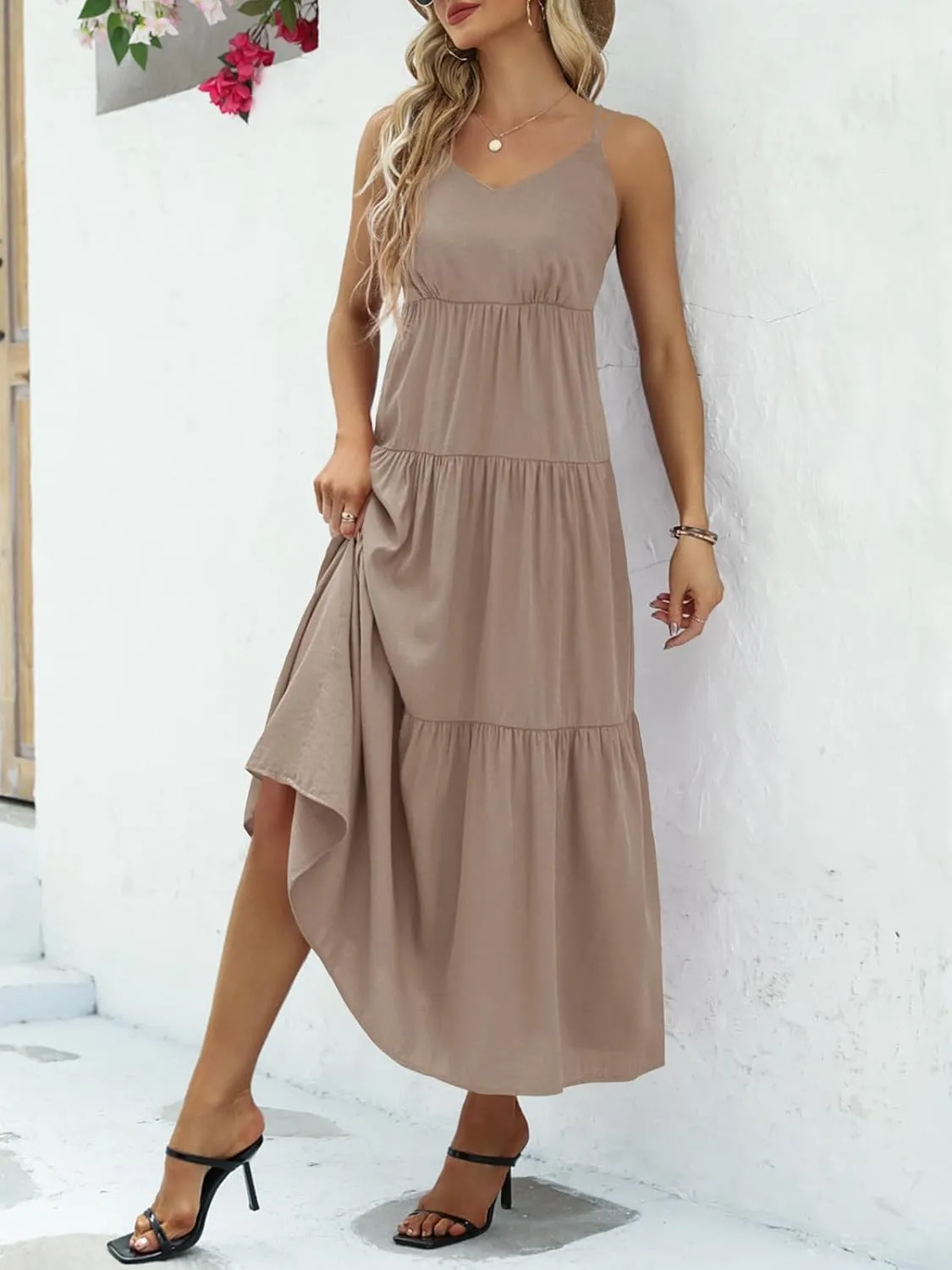 Febriajuce Womens Summer Maxi Dress Casaul Spaghetti Straps Solid V-Neck Backless Cami Dresses with Two Pockets