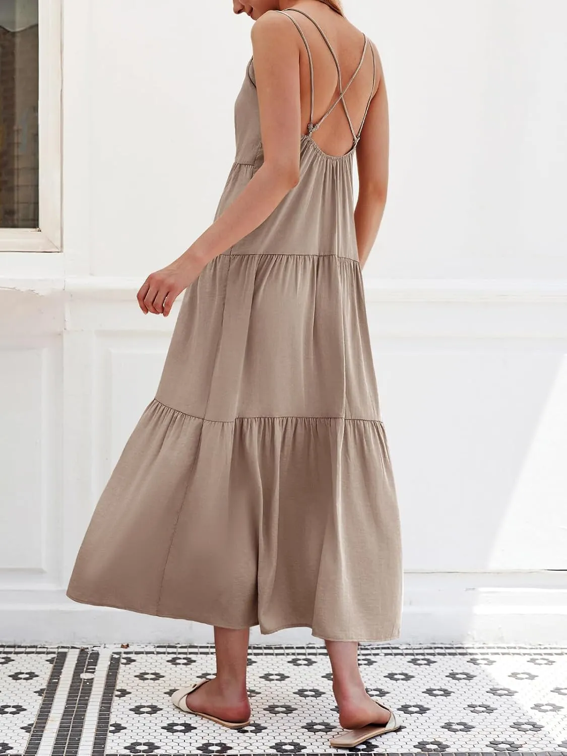 Febriajuce Womens Summer Maxi Dress Casaul Spaghetti Straps Solid V-Neck Backless Cami Dresses with Two Pockets