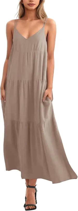 Febriajuce Womens Summer Maxi Dress Casaul Spaghetti Straps Solid V-Neck Backless Cami Dresses with Two Pockets