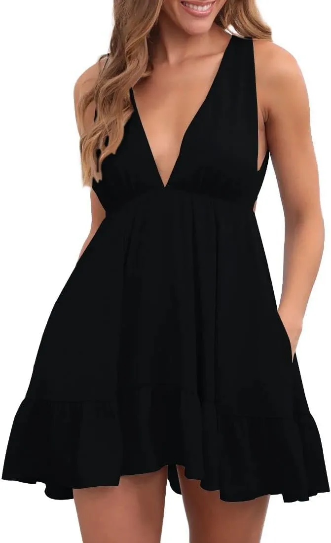 Febriajuce Womens Summer Mini Dress Loose Ruffle Deep V-Neck Backless Strap Solid Casual Short Dresses with Pockets