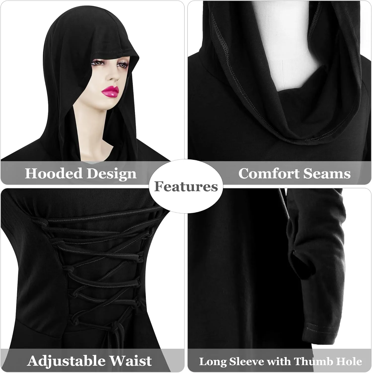 FEOYA Women's Hooded Cloak Dress Renaissance Medieval Gothic Dress Long Sleeve Hoodie Dresses Steampunk Cosplay Costume