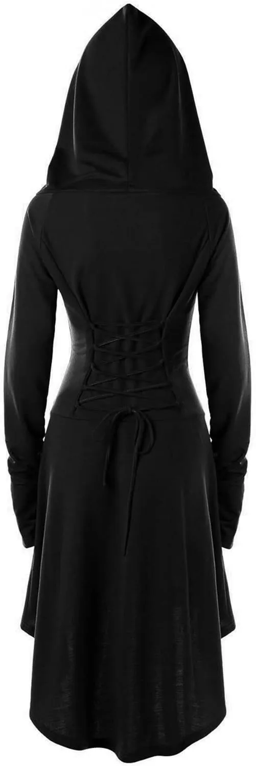 FEOYA Women's Hooded Cloak Dress Renaissance Medieval Gothic Dress Long Sleeve Hoodie Dresses Steampunk Cosplay Costume