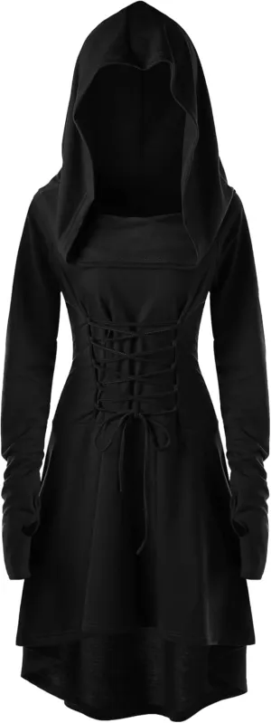 FEOYA Women's Hooded Cloak Dress Renaissance Medieval Gothic Dress Long Sleeve Hoodie Dresses Steampunk Cosplay Costume