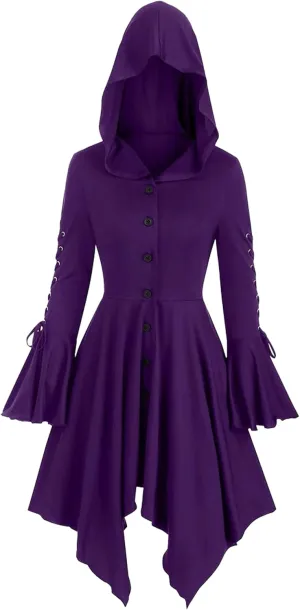 FEOYA Women's Hooded Cloak Dress Renaissance Medieval Gothic Dress Long Sleeve Hoodie Dresses Steampunk Cosplay Costume