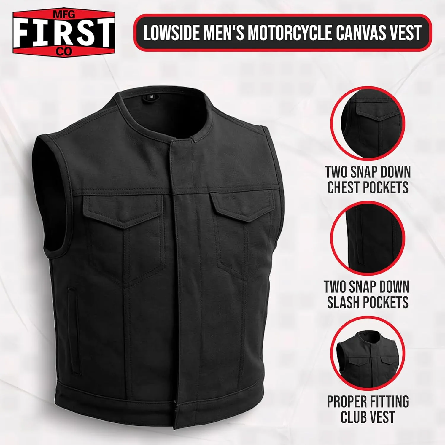 First Mfg Co - Lowside - Mens Motorcycle Biker Riding Canvas, Leather, Twill, Perforated Leather Vest