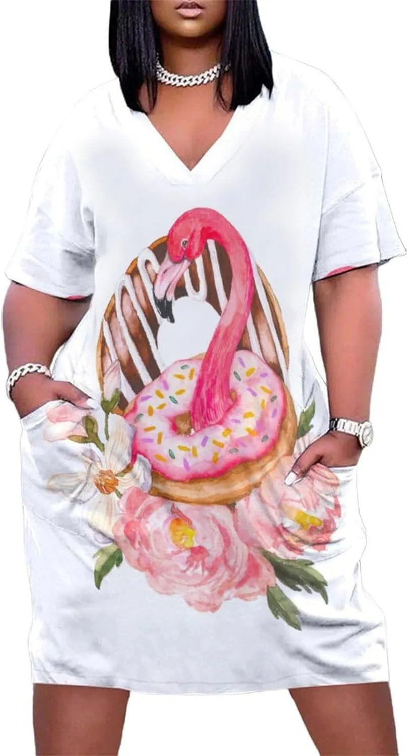 Flamingos Midi Dresses Plus Size Women Dress Casual Loose V Neck Short Sleeve Tshirt Dresse Sexy Pocket Skirts