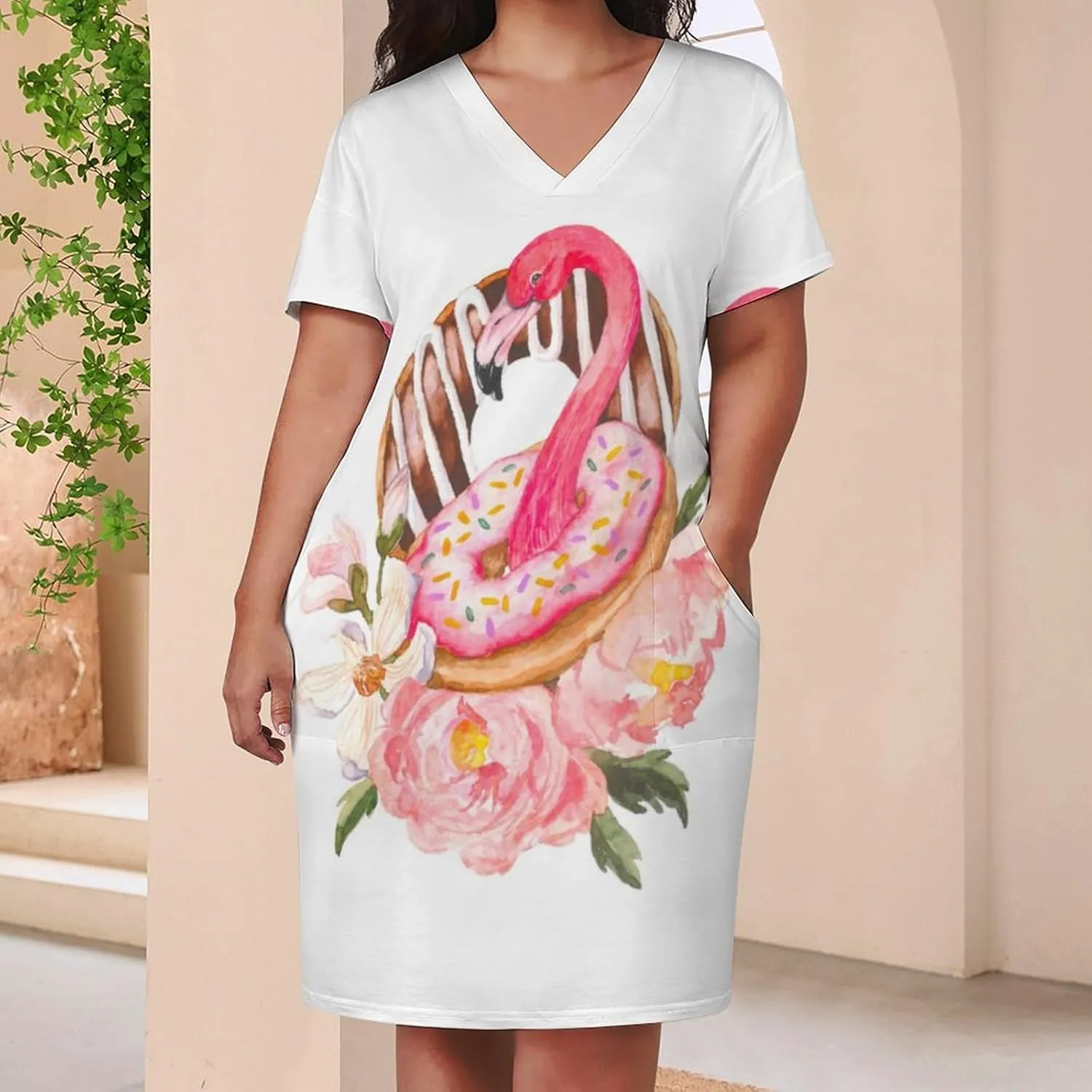 Flamingos Midi Dresses Plus Size Women Dress Casual Loose V Neck Short Sleeve Tshirt Dresse Sexy Pocket Skirts