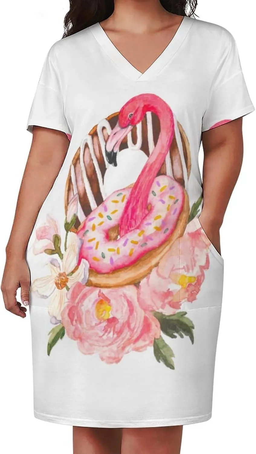 Flamingos Midi Dresses Plus Size Women Dress Casual Loose V Neck Short Sleeve Tshirt Dresse Sexy Pocket Skirts