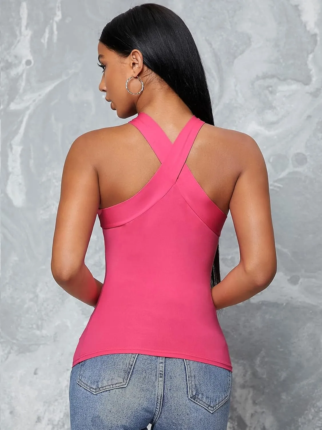 Floerns Women's Solid Criss Cross Halter Top Sleeveless Tee Shirt