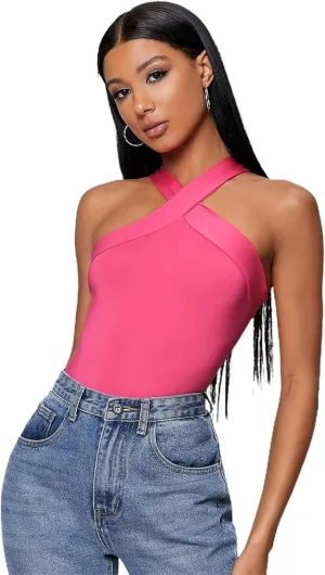 Floerns Women's Solid Criss Cross Halter Top Sleeveless Tee Shirt