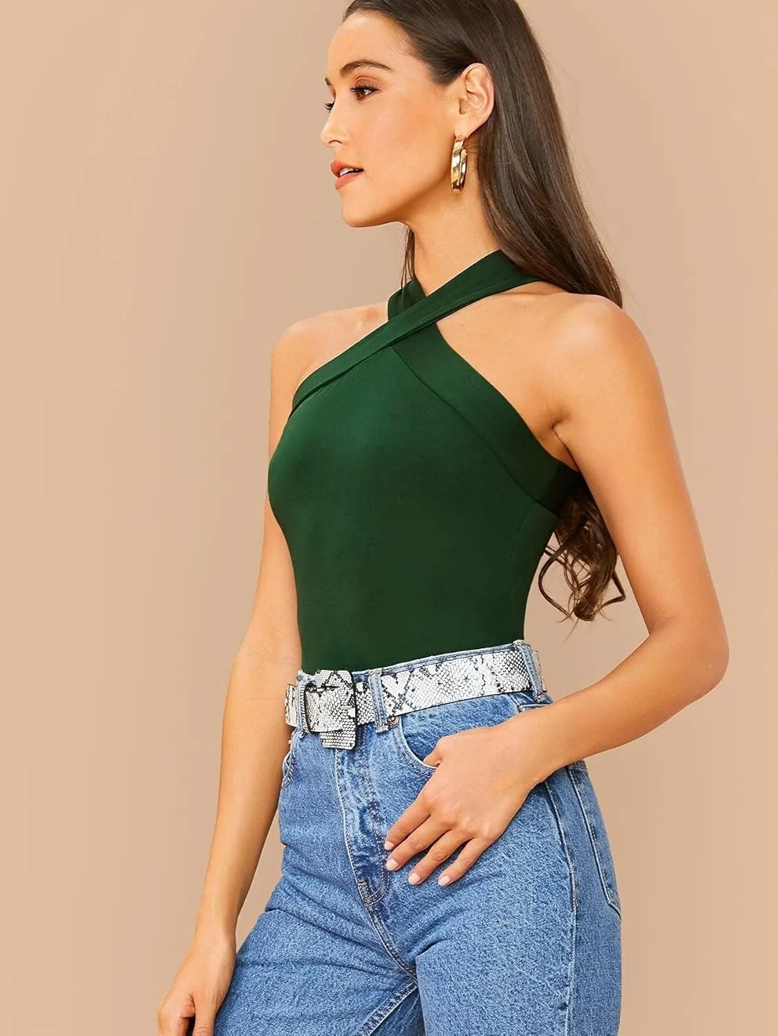 Floerns Women's Solid Criss Cross Halter Top Sleeveless Tee Shirt