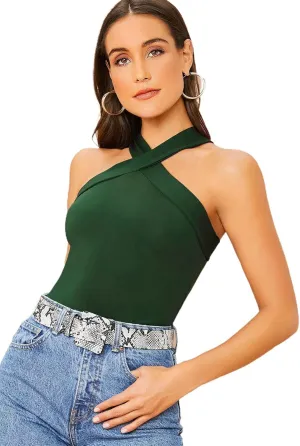 Floerns Women's Solid Criss Cross Halter Top Sleeveless Tee Shirt