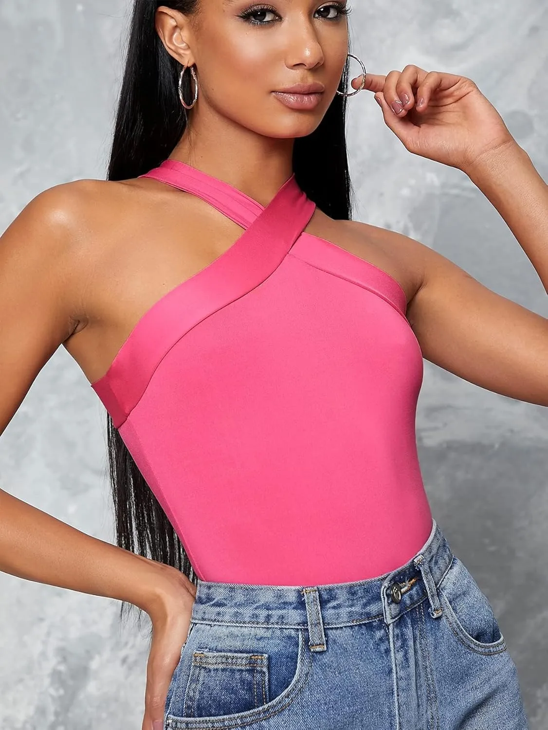 Floerns Women's Solid Criss Cross Halter Top Sleeveless Tee Shirt