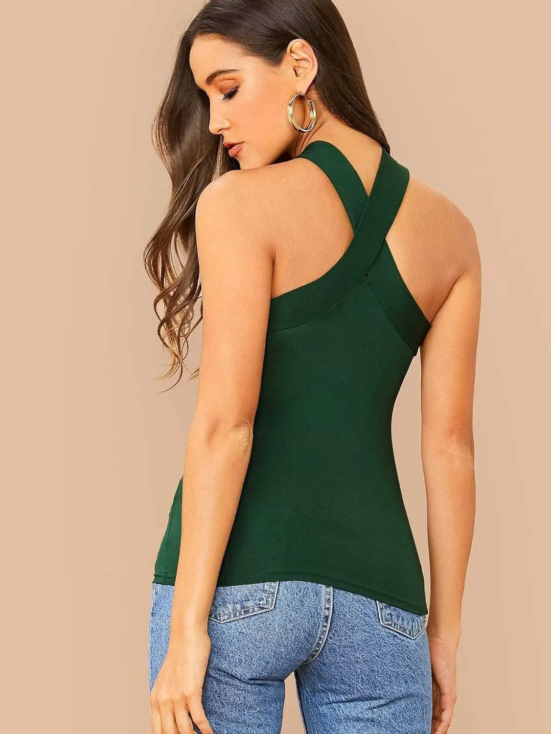 Floerns Women's Solid Criss Cross Halter Top Sleeveless Tee Shirt
