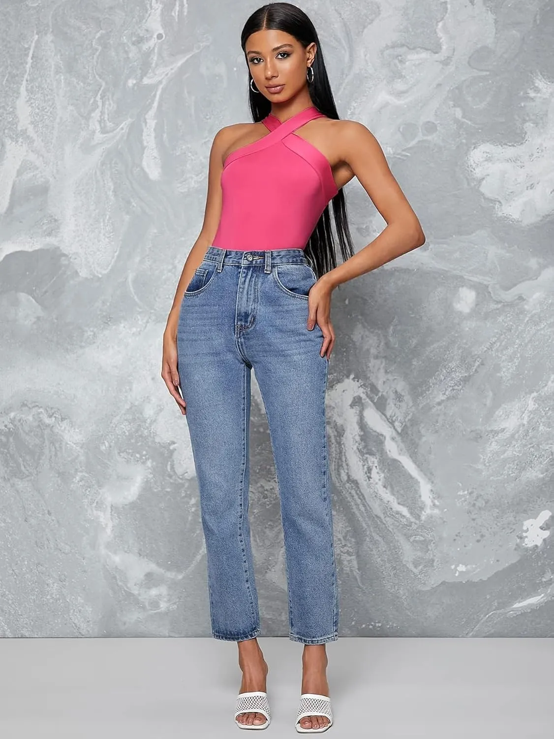 Floerns Women's Solid Criss Cross Halter Top Sleeveless Tee Shirt