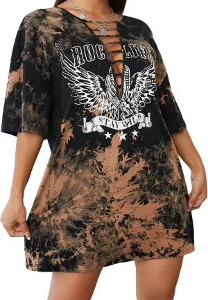 Floerns Women's Tie Dye Graphic Print Short Sleeve Cut Out Drop Shoulder Tee Dress