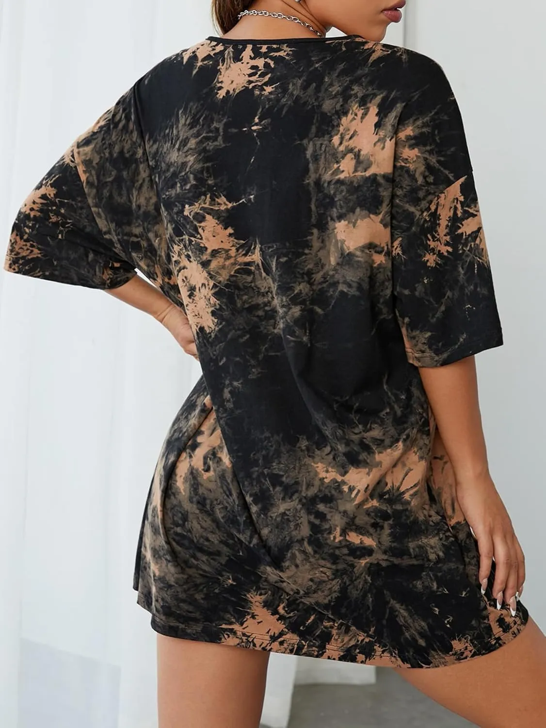 Floerns Women's Tie Dye Graphic Print Short Sleeve Cut Out Drop Shoulder Tee Dress