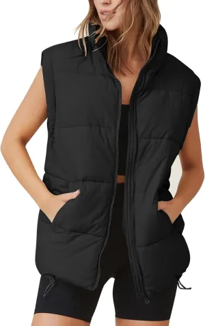 Flygo Puffer Vest Women Zip Up Sleeveless Winter Casual Stand Collar Padded Down Jacket Coat with Pockets Black XL