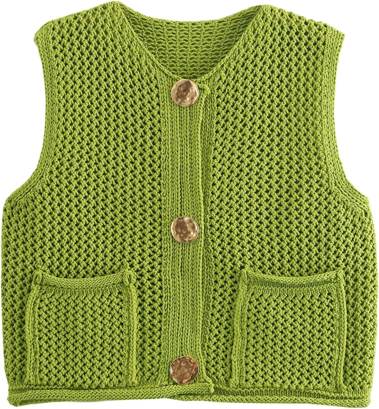 Flygo Womens Crochet Sweater Vest Sleeveless 2025 Trendy Spring Summer Tops Button Crop Chunky Knit Sweaters Cardigan
